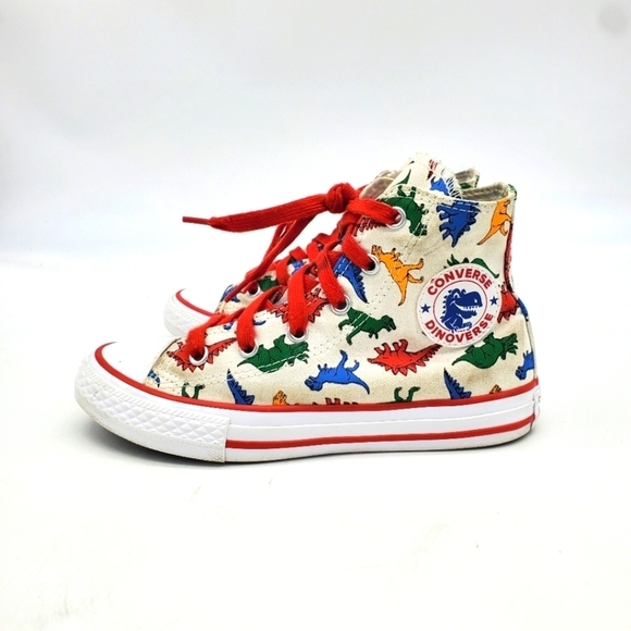 Converse Shoes Youth 1 Chuck Taylor High Dinosaurs Canvas White Red A01668F - Picture 1 of 14